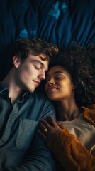 A loving couple shares a peaceful moment, resting closely together and exuding warmth and affection on a cozy bed.