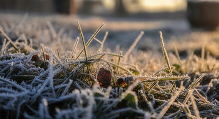 Frosty morning dew on blades of grass with sunlight