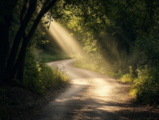Obraz premium Serene Pathway Through Lush Forest with Dappled Light Illuminating the Ground and Creating a Peaceful Atmosphere in Nature