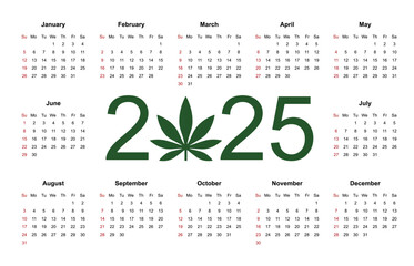 Marijuana calendar for 2025. Medical Cannabis. Simple Vector Template. Isolated vector illustration on white background.