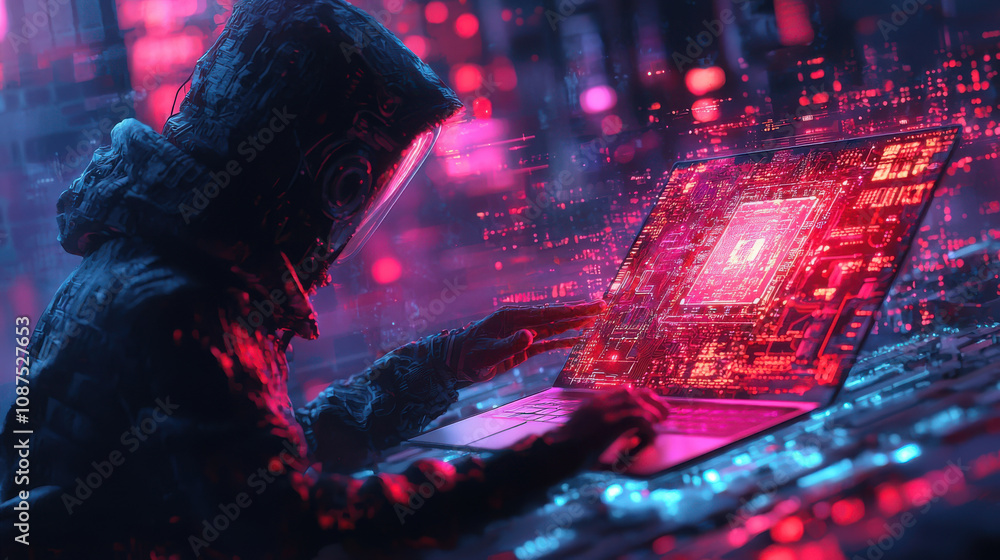 Poster futuristic hacker figure interacts with glowing digital interface, surrounded by vibrant red and blu
