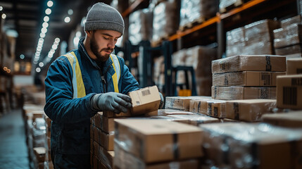 Warehouse Worker Inspecting Boxes in Logistics Center
