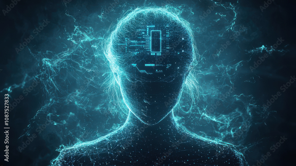 Poster digital hacker silhouette with glowing light and circuit patterns, evoking sense of mystery and tech