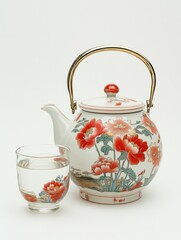 A decorative teapot with floral designs accompanied by a glass of water.