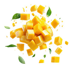 Fresh diced mango pieces with green leaves on a white background.