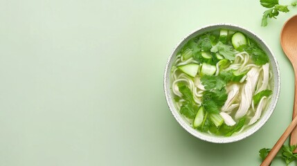 Obraz premium A vibrant bowl of green soup filled with noodles, herbs, and vegetables, set against a soft green background.