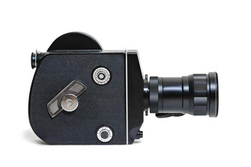 Close up detail of old soviet vintage movie camera 8mm isolated white background