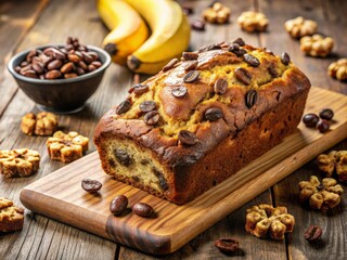 Fototapeta premium Homemade Banana Bread Loaf with Coffee Beans and Nuts, Surrounded by Fresh Bananas and Cookies on a Rustic Wooden Table