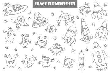 Space element set. Hand drawn illustrations isolated on white background. Vector illustration