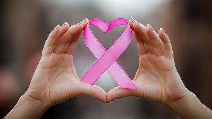 Obraz premium Two hands forming a heart shape around a pink ribbon.
