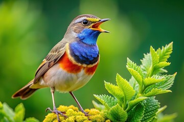 Obraz premium Bluethroat Songbird, Male Singing on Plant, Candid Photography, AI Art