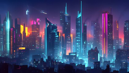 Fototapeta premium A vibrant cyberpunk cityscape, bathed in neon lights and futuristic architecture. Skyscrapers pierce the night sky, illuminated with a dazzling array of colors