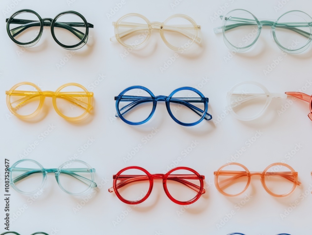 Poster a colorful display of various round eyeglasses arranged in a grid pattern.