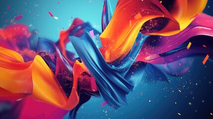 A dynamic composition of vibrant shapes and sparkling particles interacting around a focal point, illustrating the essence of creative thinking.