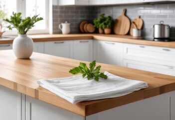 A wooden countertop with a napkin and a blurred white kitchen in the background with a plant as decoration.