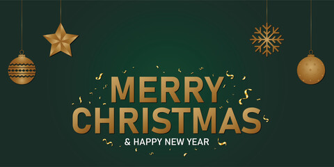 Merry Christmas and Happy New Year on Dark Green background. glitter gold confetti., Xmas design with realistic festive objects, golden color snowflake, stars, balls, 