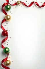 Fototapeta premium a straight Christmas border of red curly ribbons with gold and green Christmas balls on a white background