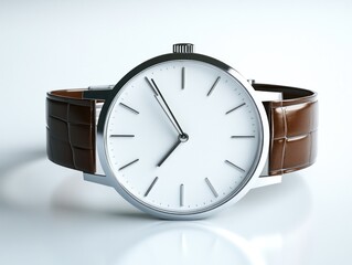 A sleek, minimalist watch with a white face and brown leather strap.
