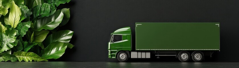 Fototapeta premium A green truck stands beside lush green leaves against a dark background, symbolizing eco-friendliness and transportation.