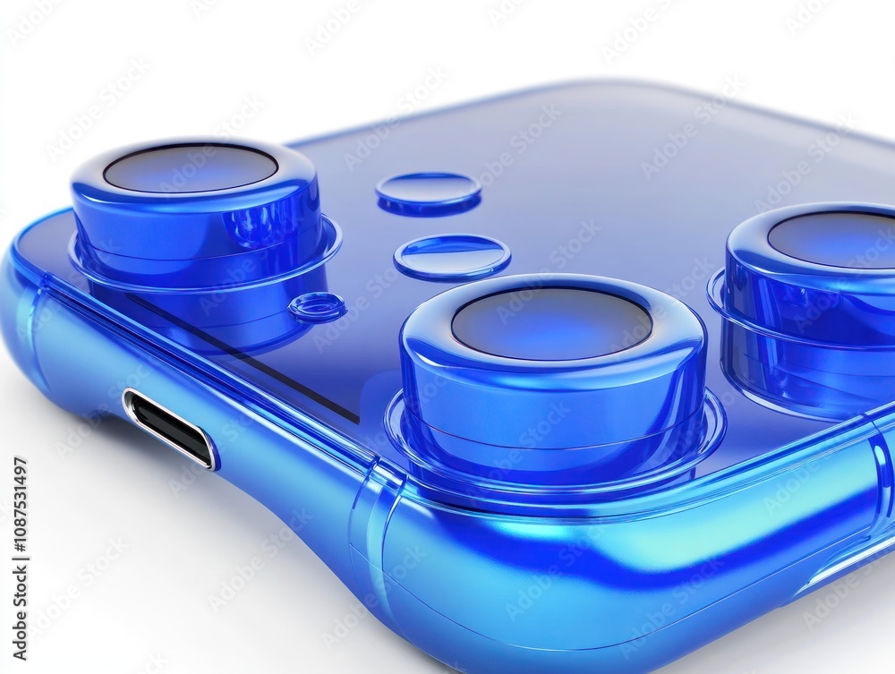 Poster a close-up of a blue gaming controller with buttons and a charging port.