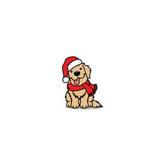 Cute golden retriever dog with santa hat and red scarf cartoon, vector illustration