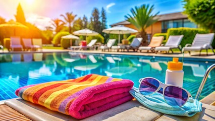 Obraz premium Summer Vacation at Hotel Pool During Pandemic: Macro Photography of Safety Measures with Masks and Poolside Relaxation Amidst Vibrant Tropical Surroundings