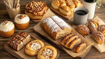 Coffee and bakery bakery flavor contrast buttery pastries with dark roast coffee layered tasting combinations subtle sugar glaze nutty pastry toppings cafe table presentation, Photorealistic