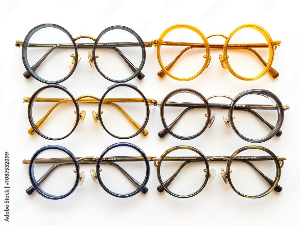 Poster a collection of stylish round glasses in various colors arranged in two rows.