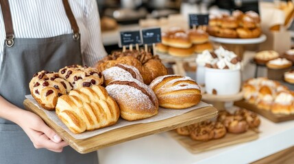 Coffee and bakery bistro elegance minimalistic decor with soft textures artisan pastries with intricate designs coffee in hand held close for warmth inviting setup, Photorealistic