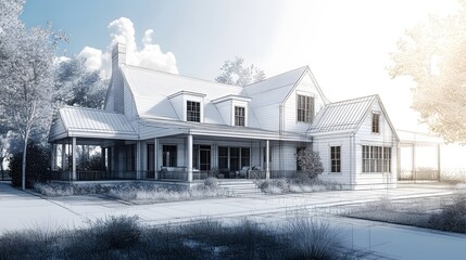 Detailed blueprint of a traditional farmhouse renovation, blending classic architectural elements with modern updates and sustainable features
