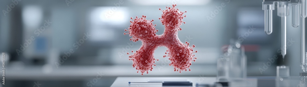 Poster a 3d representation of a virus particle, depicted in a laboratory setting, showcasing intricate deta