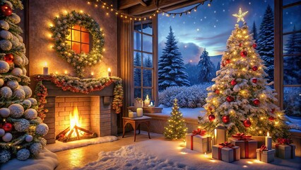 Fototapeta premium Christmas Low Light Photography, Festive Night Scene, Winter Wonderland, Cozy Christmas