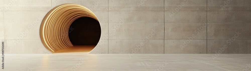Poster a minimalist scene featuring a round tunnel made of wood, set against a smooth concrete wall, creati