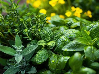 Fresh Herbs With Dew Drops in a Vibrant Garden Setting