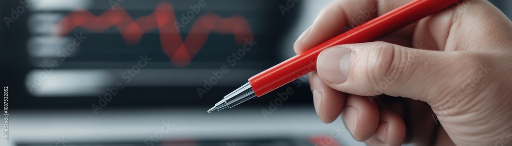 Aufkleber a hand holding a red pen poised over a digital screen displaying fluctuating data or statistics.