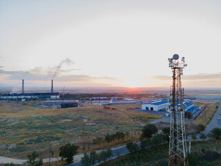 The communication tower of the mobile operator. View of the telecommunication equipment and...