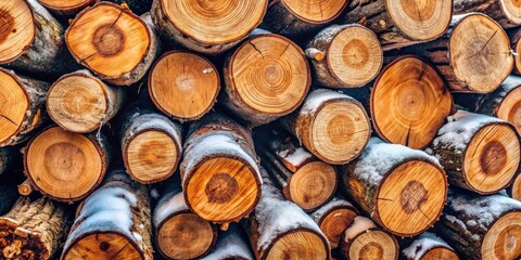 Fototapeta premium A close-up view of a stacked pile of logs with snow resting on their surfaces, showcasing the natural beauty of wood grain patterns and the textures of winter.