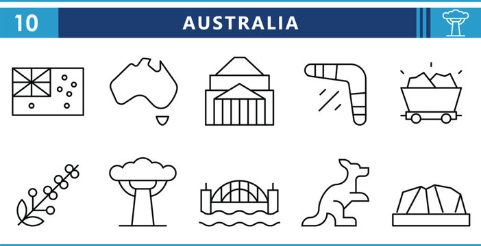 A set of line icons related to Australia. Flag, map, architecture, nature, and so on. Vector editable stroke.