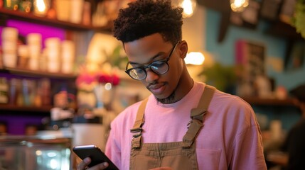 Young man focused on smartphone in a coffee shop, wearing pink shirt and brown apron surrounded by cozy atmosphere with colorful decor and warm lighting