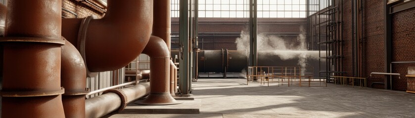An industrial interior with large pipes, brick walls, and shafts of light creating a moody atmosphere, highlighting the blend of architecture and machinery.