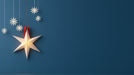 Fototapeta premium Christmas star ornament with red ribbon, paper cut style, layered with snowflake details, glowing gently, holiday mood, Photorealistic