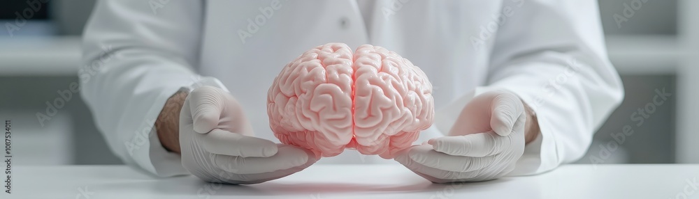 Poster a person in a lab coat holds a human brain, showcasing a detailed view of its structure, emphasizing