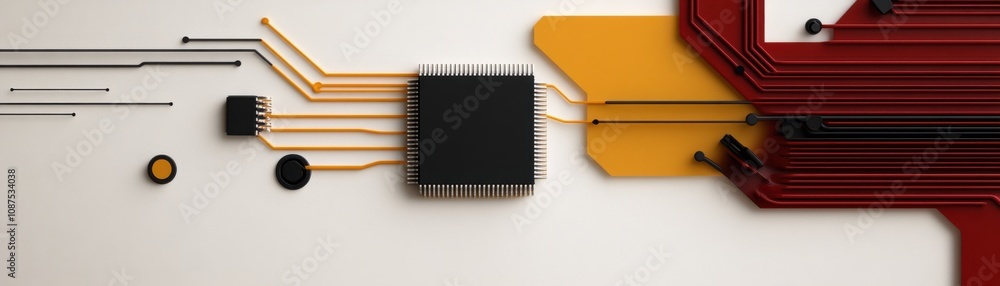 Poster a close-up view of a circuit board featuring a black chip and colorful pathways, illustrating techno
