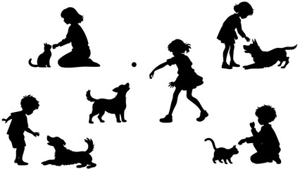 Stylish silhouette set of kids playing with pets