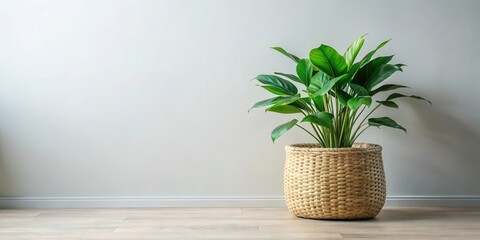 A potted green plant with large leaves in a woven basket against a plain white wall and a wood floor