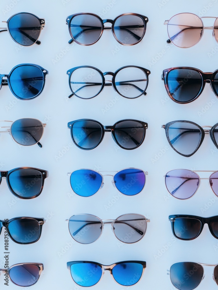 Poster a display of various stylish sunglasses arranged in rows for selection.
