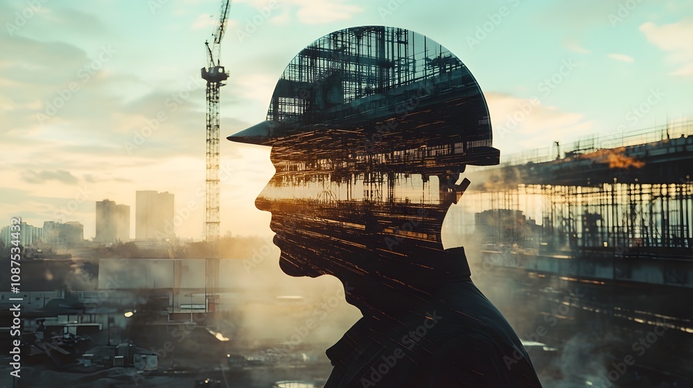Poster double exposure of construction worker with safety helmet over urban development project, highlighti