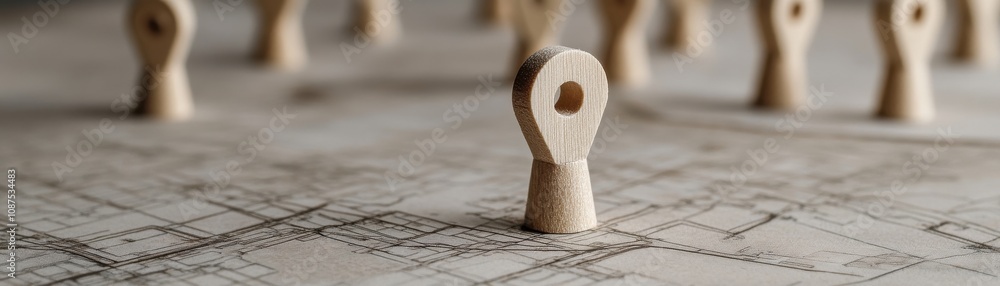 Poster the image shows wooden map markers on a detailed map, representing locations or points of interest i