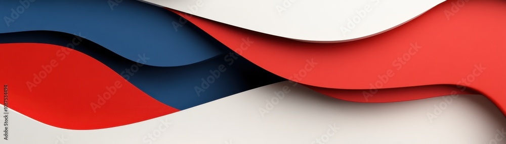 Poster a flowing design featuring layered waves of red, white, and blue, creating a dynamic and modern visu