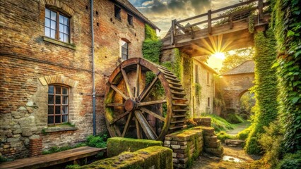 Fototapeta premium A sun-drenched rustic watermill with a wooden wheel and a stone structure covered in lush green vines, a quaint wooden bridge leading to the enchanting scene.